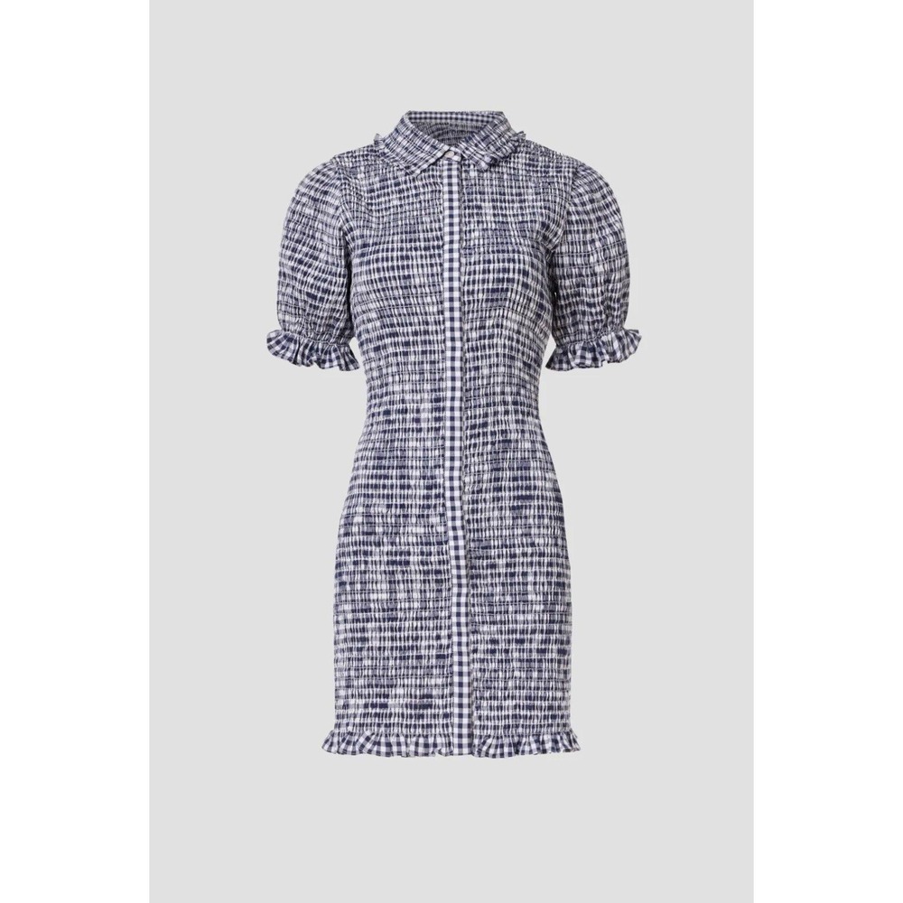 B35 Jason Wu Smocked Gingham Mini Dress 4 Navy White Collar Cotton Dinner Party - Picture 4 of 11